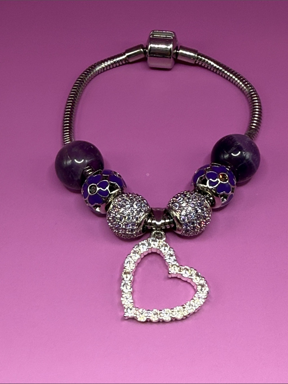 White Birch Silver Heart Charm Bracelet with Purple Beads
